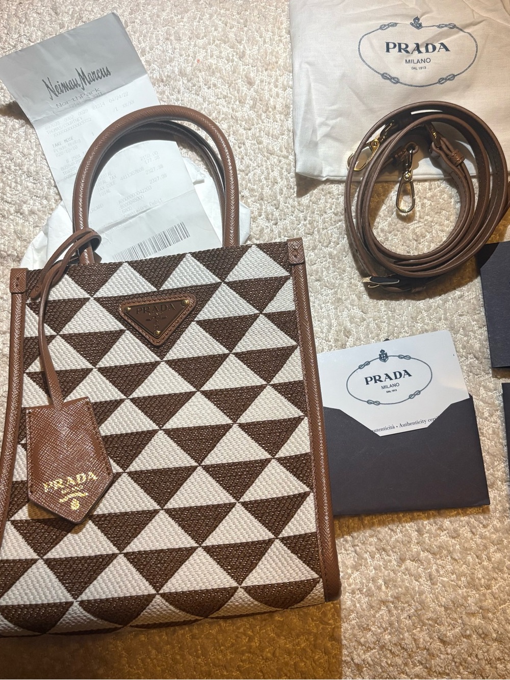 Prada Brown & White Geometric Canvas Satchel with Leather Trim - Picture 1 of 5